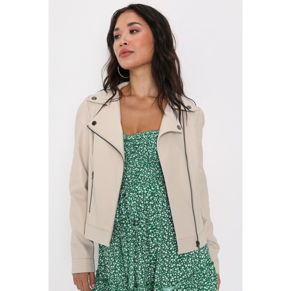Lulus Pretty Powerful Beige Vegan Leather Puff Sleeve Moto Jacket - Size M
